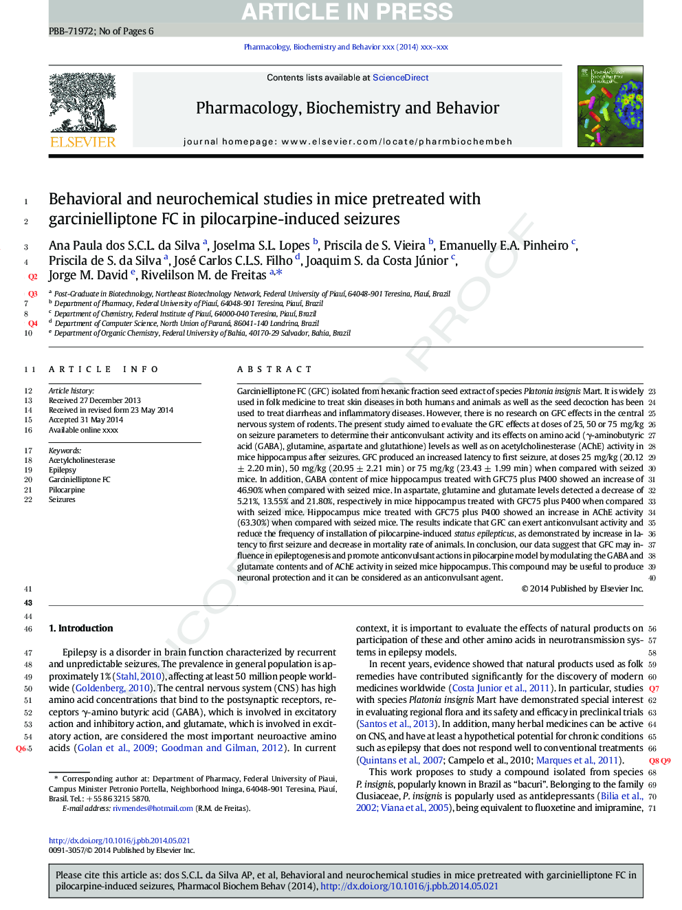 Behavioral and neurochemical studies in mice pretreated with garcinielliptone FC in pilocarpine-induced seizures