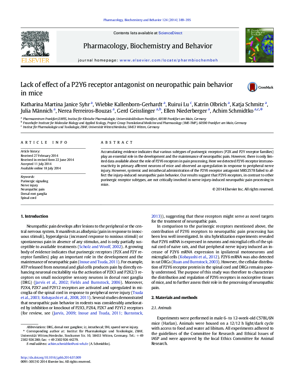 Lack of effect of a P2Y6 receptor antagonist on neuropathic pain behavior in mice