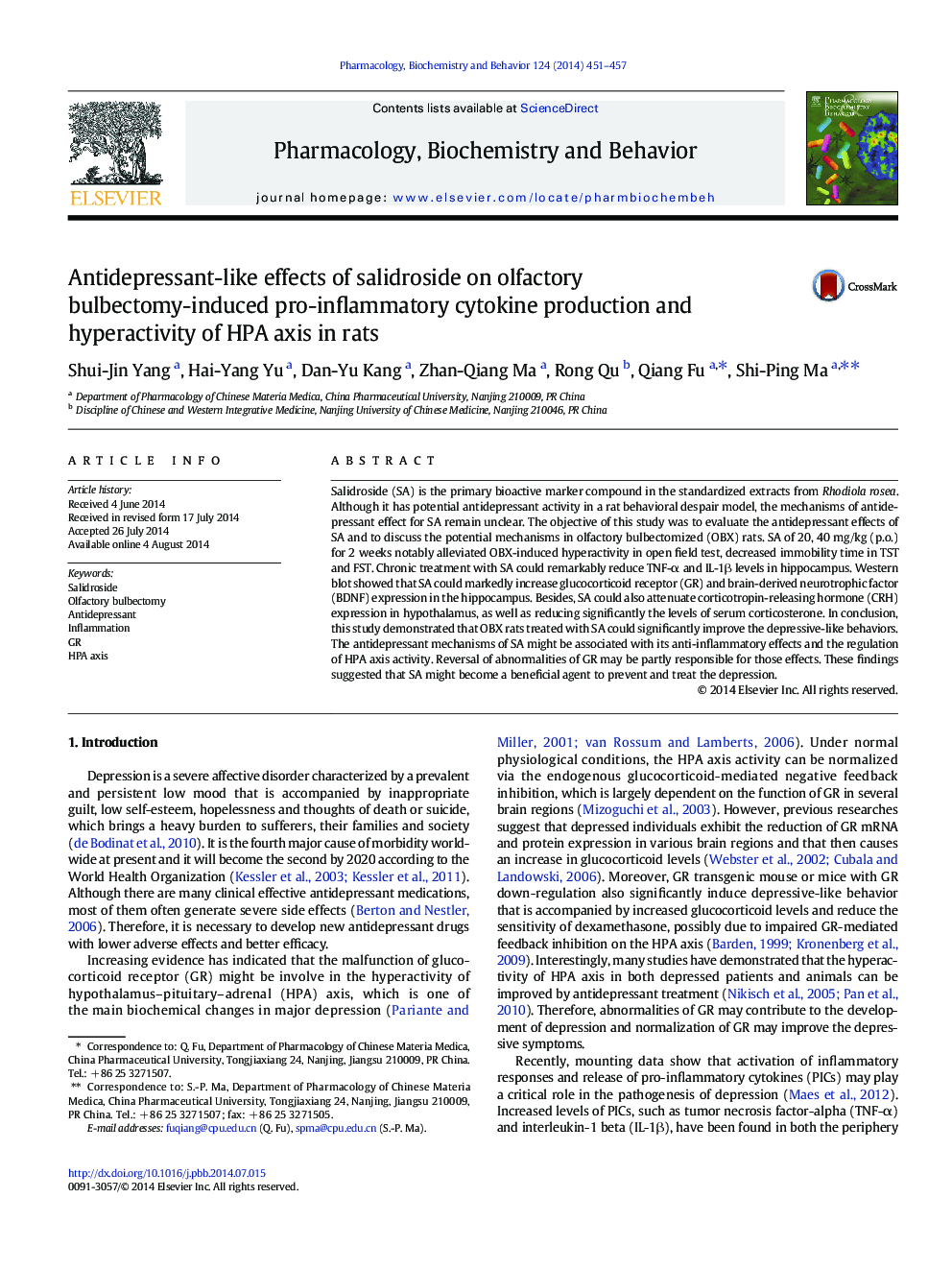 Antidepressant-like effects of salidroside on olfactory bulbectomy-induced pro-inflammatory cytokine production and hyperactivity of HPA axis in rats