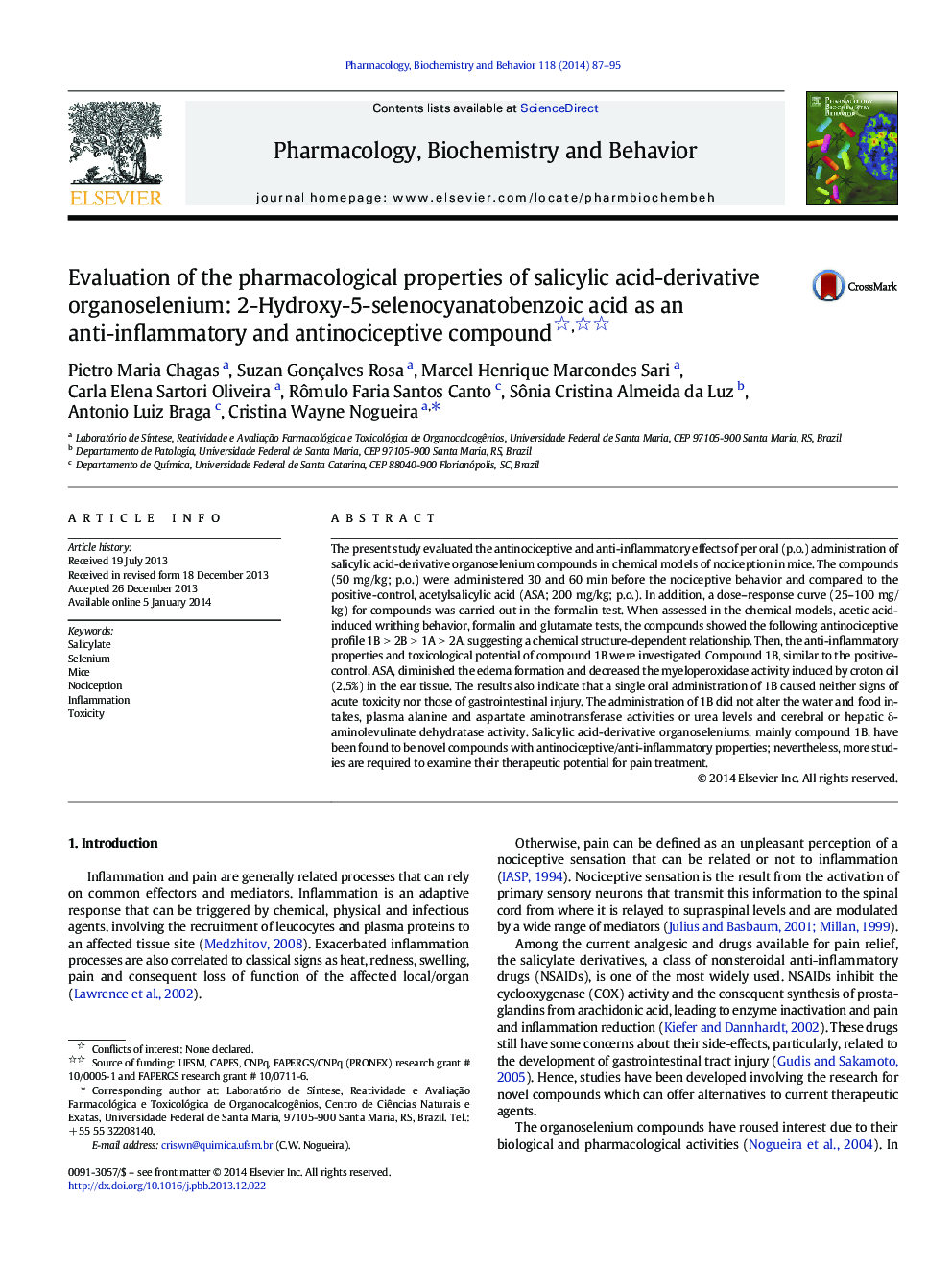 عکس صفحه اول مقاله: Evaluation of the pharmacological properties of salicylic acid-derivative organoselenium: 2-Hydroxy-5-selenocyanatobenzoic acid as an anti-inflammatory and antinociceptive compound Evaluation of the pharmacological properties of salicylic acid-derivative organoselenium: 2-Hydroxy-5-selenocyanatobenzoic acid as an anti-inflammatory and antinociceptive compound