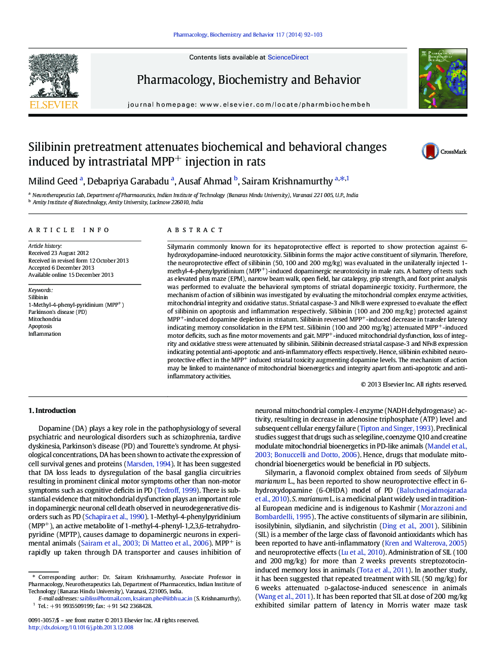 Silibinin pretreatment attenuates biochemical and behavioral changes induced by intrastriatal MPP+ injection in rats