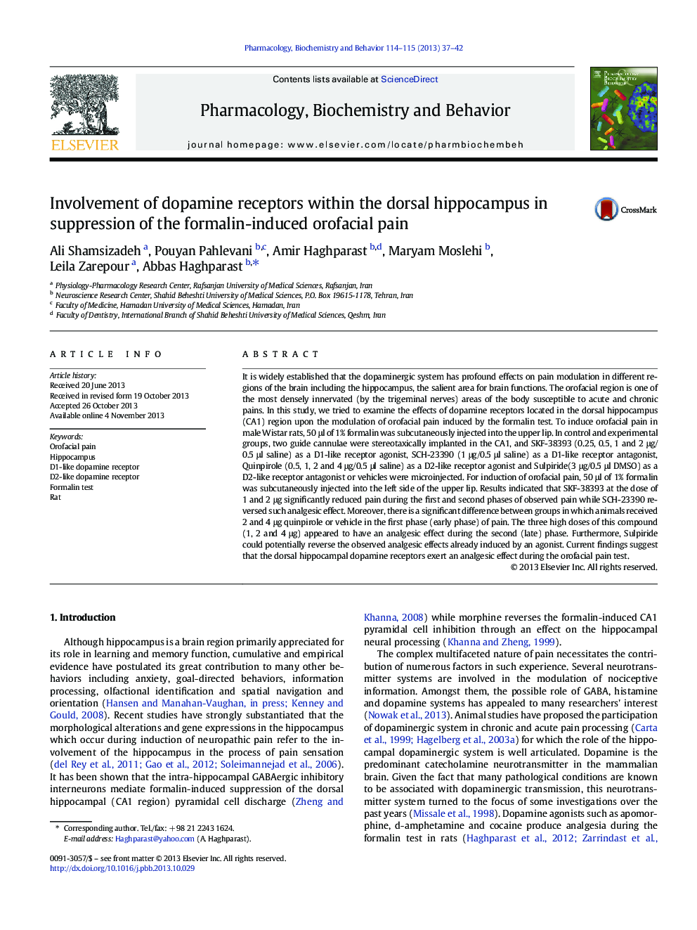 Involvement of dopamine receptors within the dorsal hippocampus in suppression of the formalin-induced orofacial pain