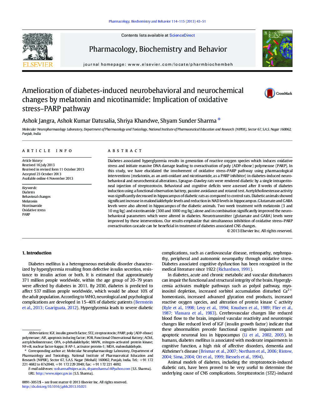 Amelioration of diabetes-induced neurobehavioral and neurochemical changes by melatonin and nicotinamide: Implication of oxidative stress-PARP pathway