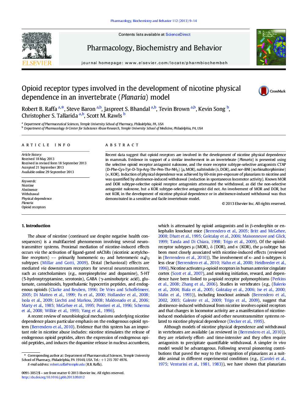 Opioid receptor types involved in the development of nicotine physical dependence in an invertebrate (Planaria) model