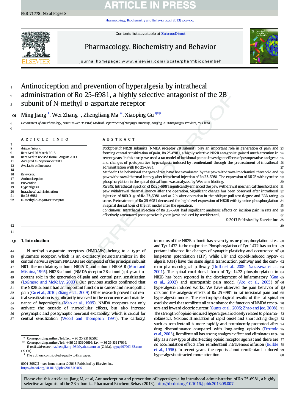 Antinociception and prevention of hyperalgesia by intrathecal administration of Ro 25-6981, a highly selective antagonist of the 2B subunit of N-methyl-d-aspartate receptor