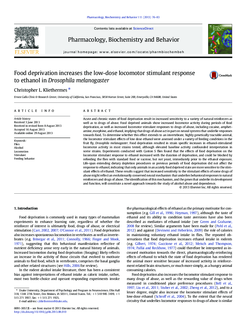 Food deprivation increases the low-dose locomotor stimulant response to ethanol in Drosophila melanogaster