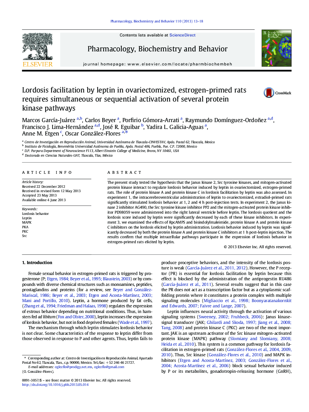 Lordosis facilitation by leptin in ovariectomized, estrogen-primed rats requires simultaneous or sequential activation of several protein kinase pathways