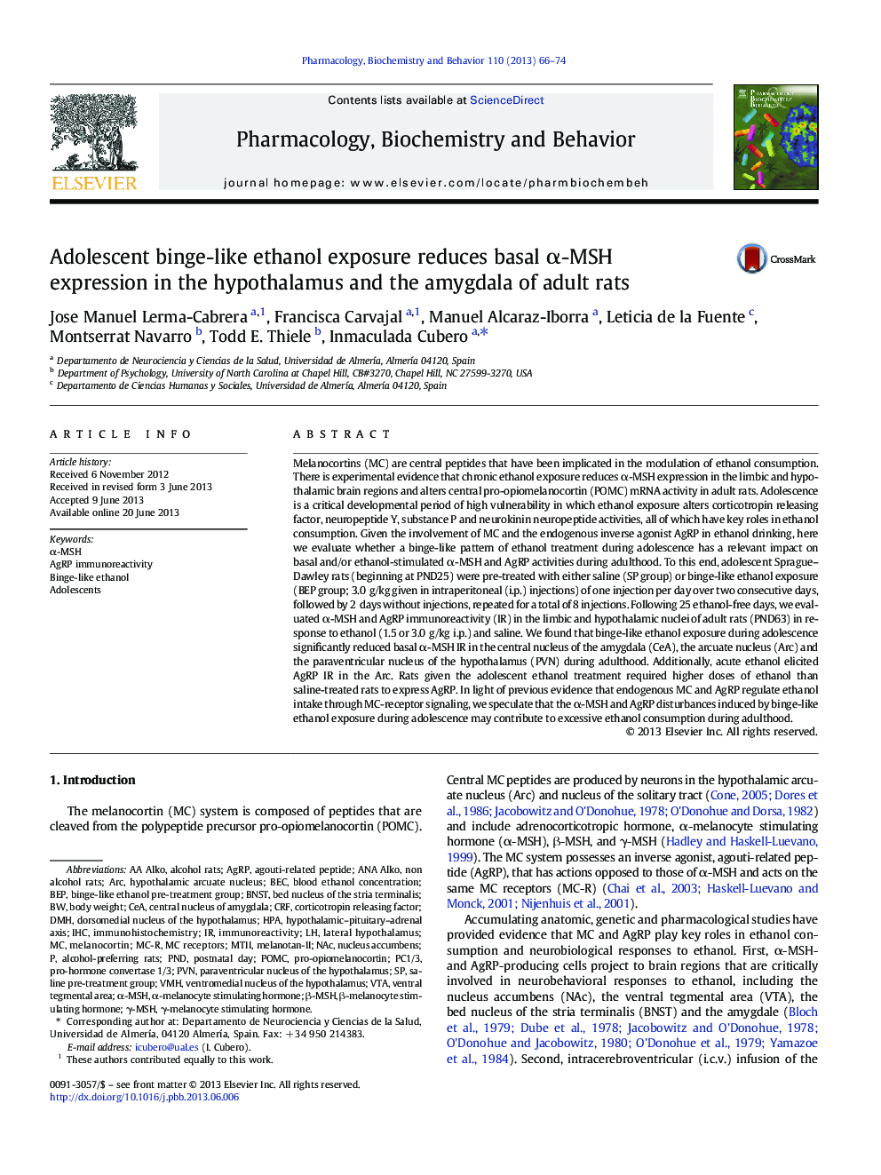 Adolescent binge-like ethanol exposure reduces basal Î±-MSH expression in the hypothalamus and the amygdala of adult rats