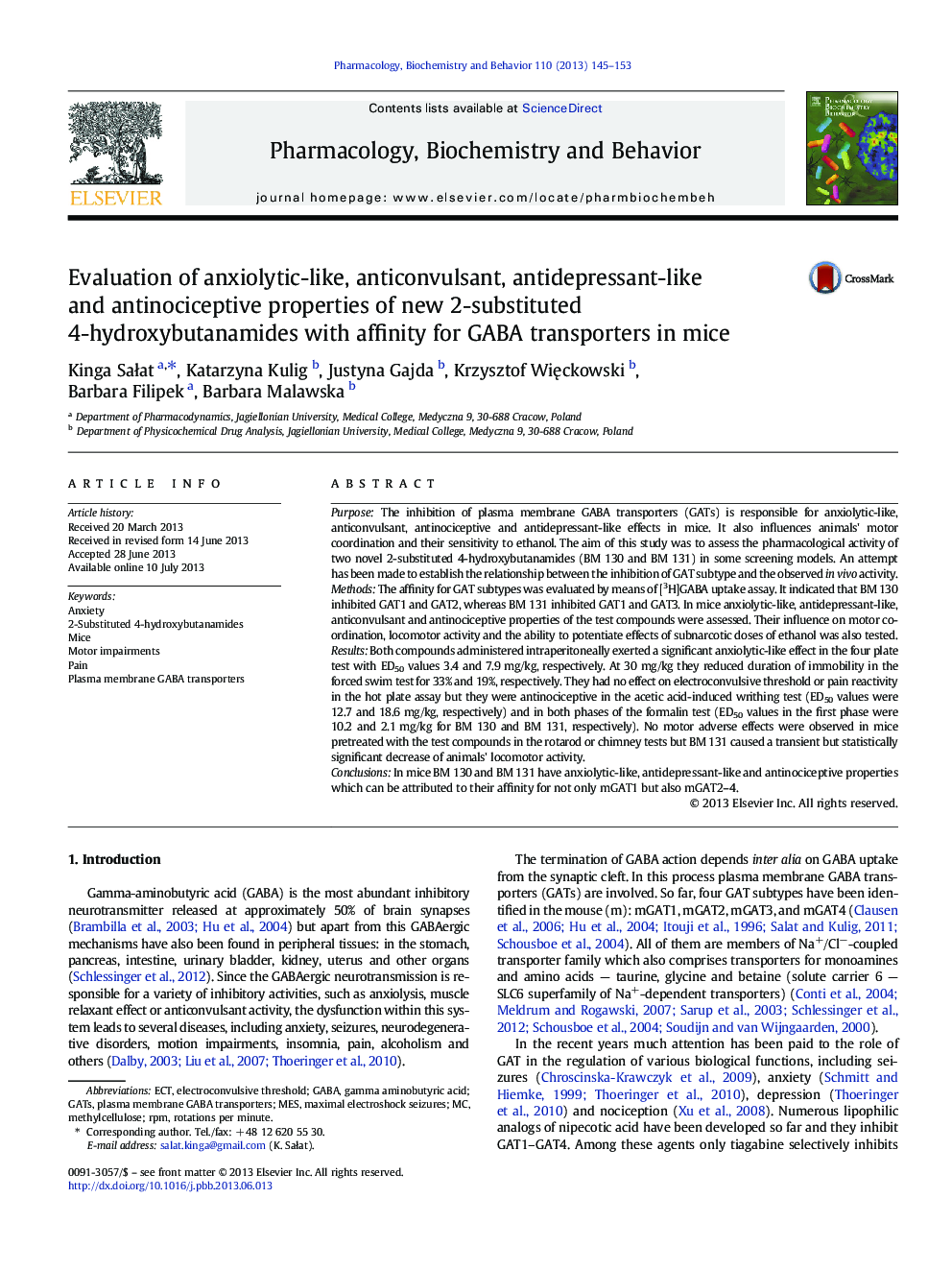 Evaluation of anxiolytic-like, anticonvulsant, antidepressant-like and antinociceptive properties of new 2-substituted 4-hydroxybutanamides with affinity for GABA transporters in mice