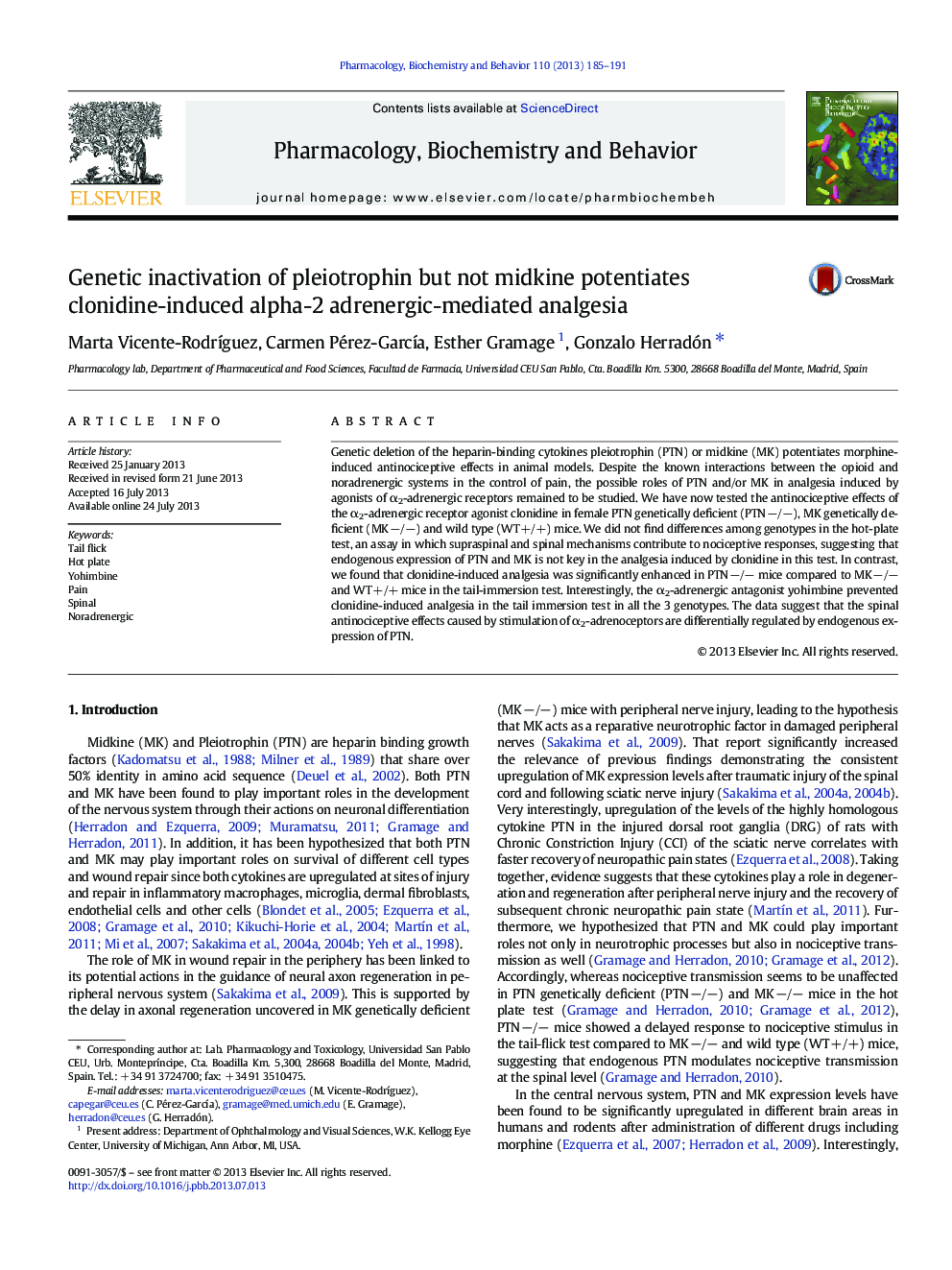 Genetic inactivation of pleiotrophin but not midkine potentiates clonidine-induced alpha-2 adrenergic-mediated analgesia