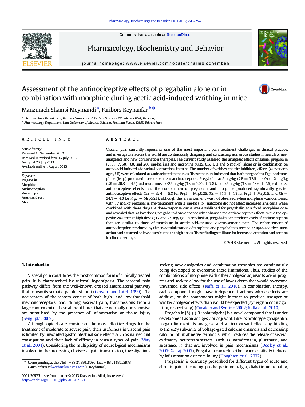 Assessment of the antinociceptive effects of pregabalin alone or in combination with morphine during acetic acid-induced writhing in mice