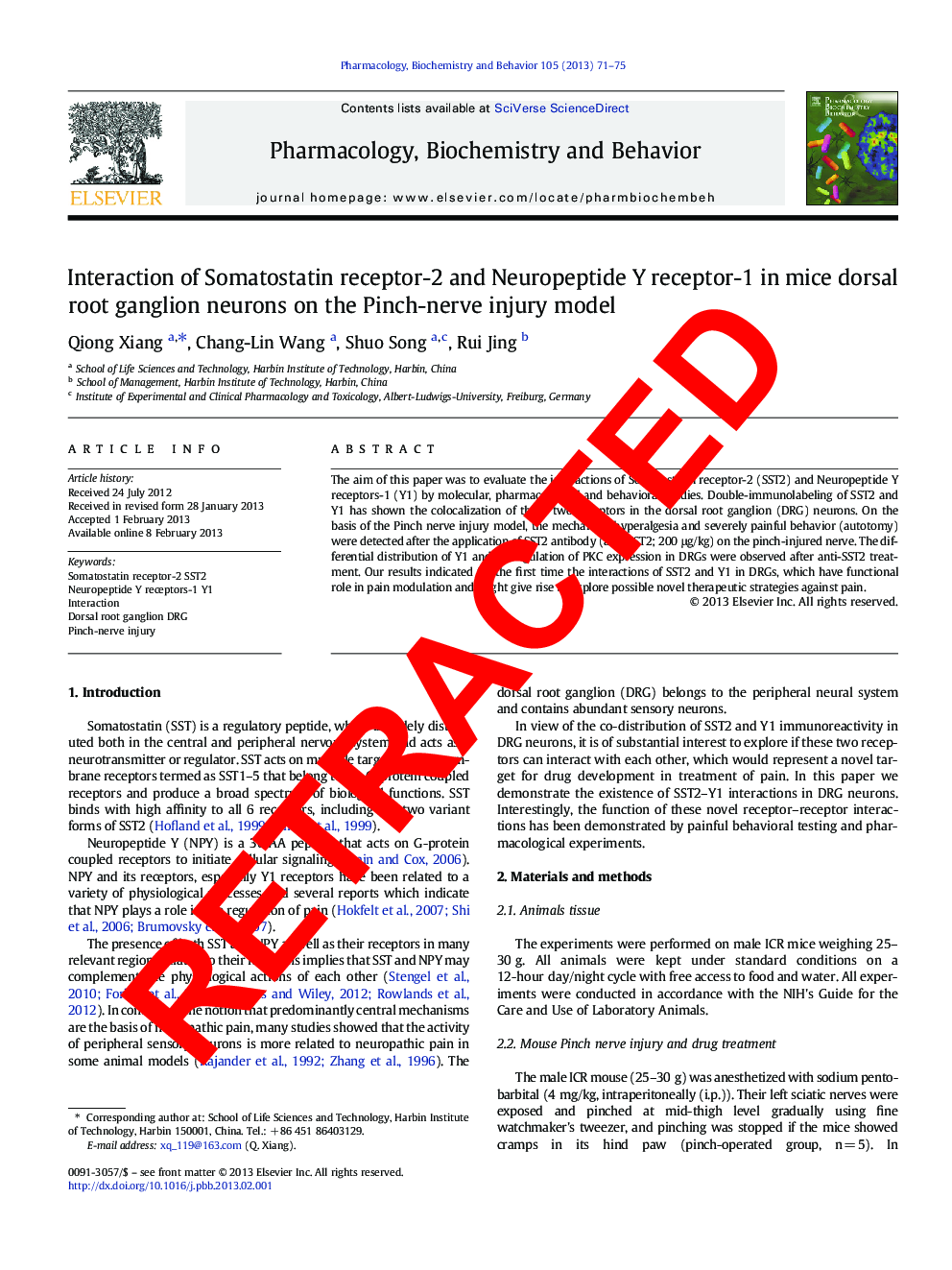 RETRACTED: Interaction of Somatostatin receptor-2 and Neuropeptide Y receptor-1 in mice dorsal root ganglion neurons on the Pinch-nerve injury model