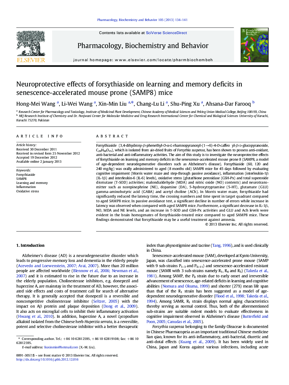 Neuroprotective effects of forsythiaside on learning and memory deficits in senescence-accelerated mouse prone (SAMP8) mice