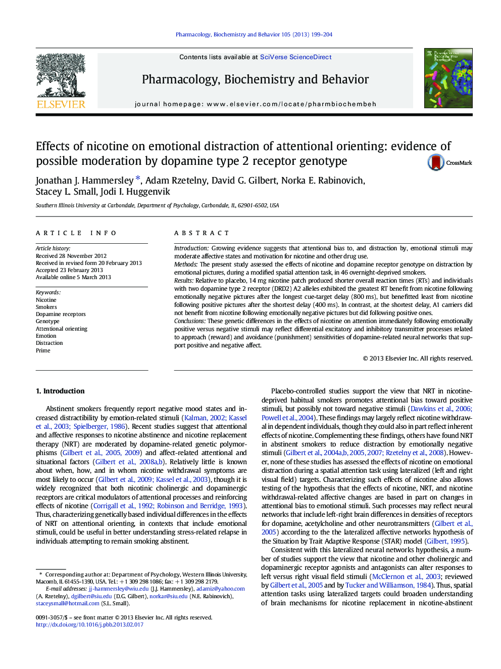 Effects of nicotine on emotional distraction of attentional orienting: evidence of possible moderation by dopamine type 2 receptor genotype