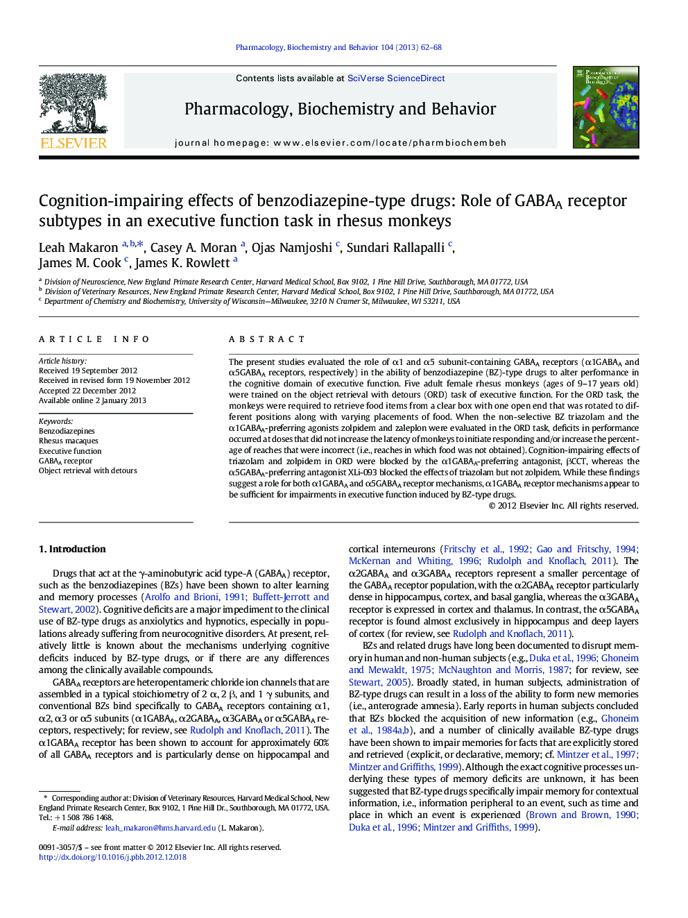 Cognition-impairing effects of benzodiazepine-type drugs: Role of GABAA receptor subtypes in an executive function task in rhesus monkeys