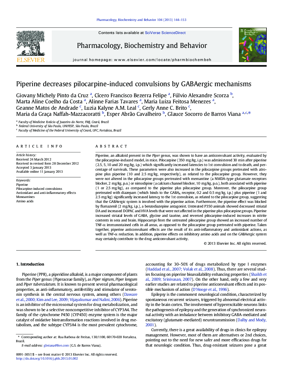 Piperine decreases pilocarpine-induced convulsions by GABAergic mechanisms