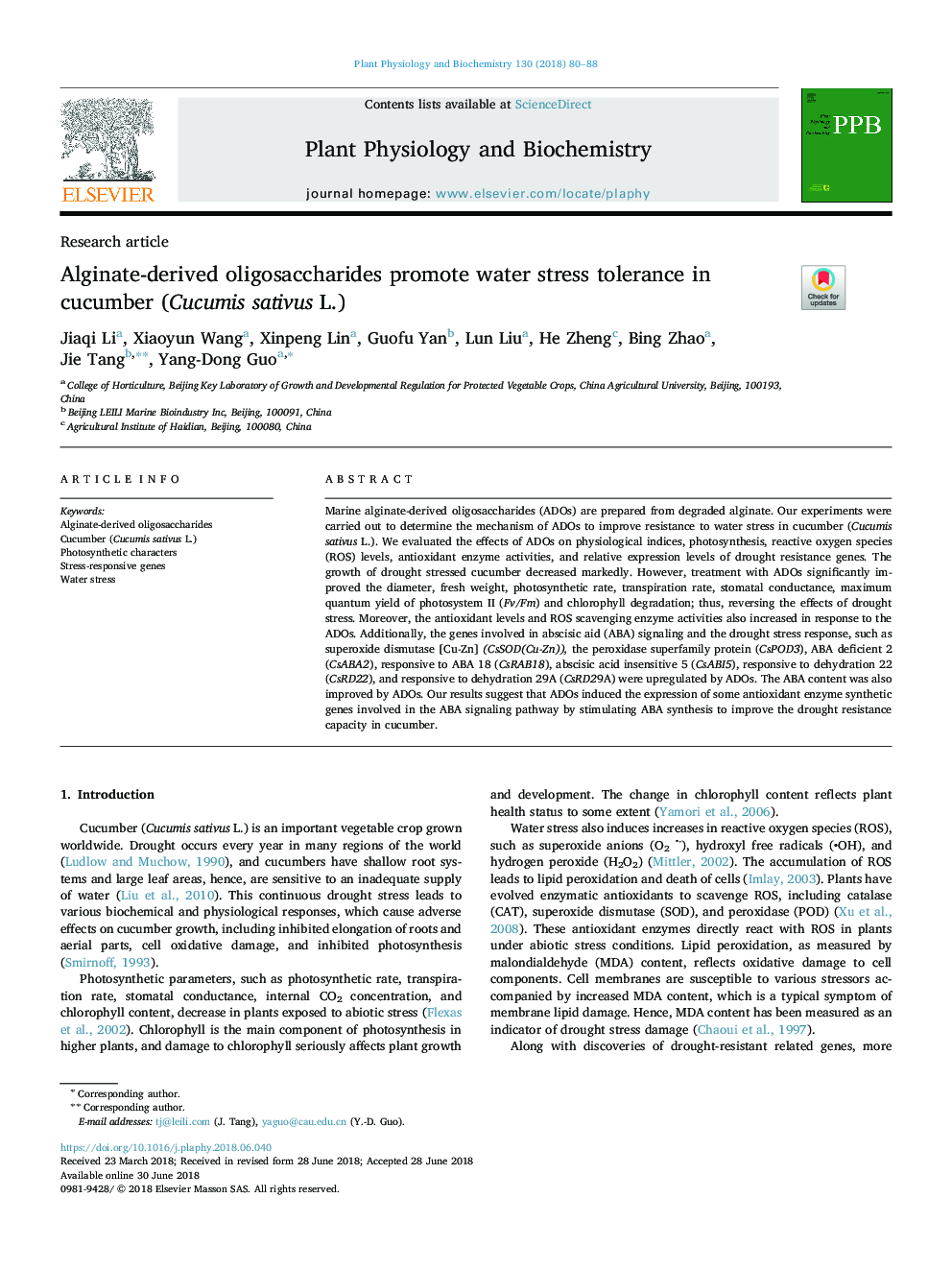 Alginate-derived oligosaccharides promote water stress tolerance in cucumber (Cucumis sativus L.)