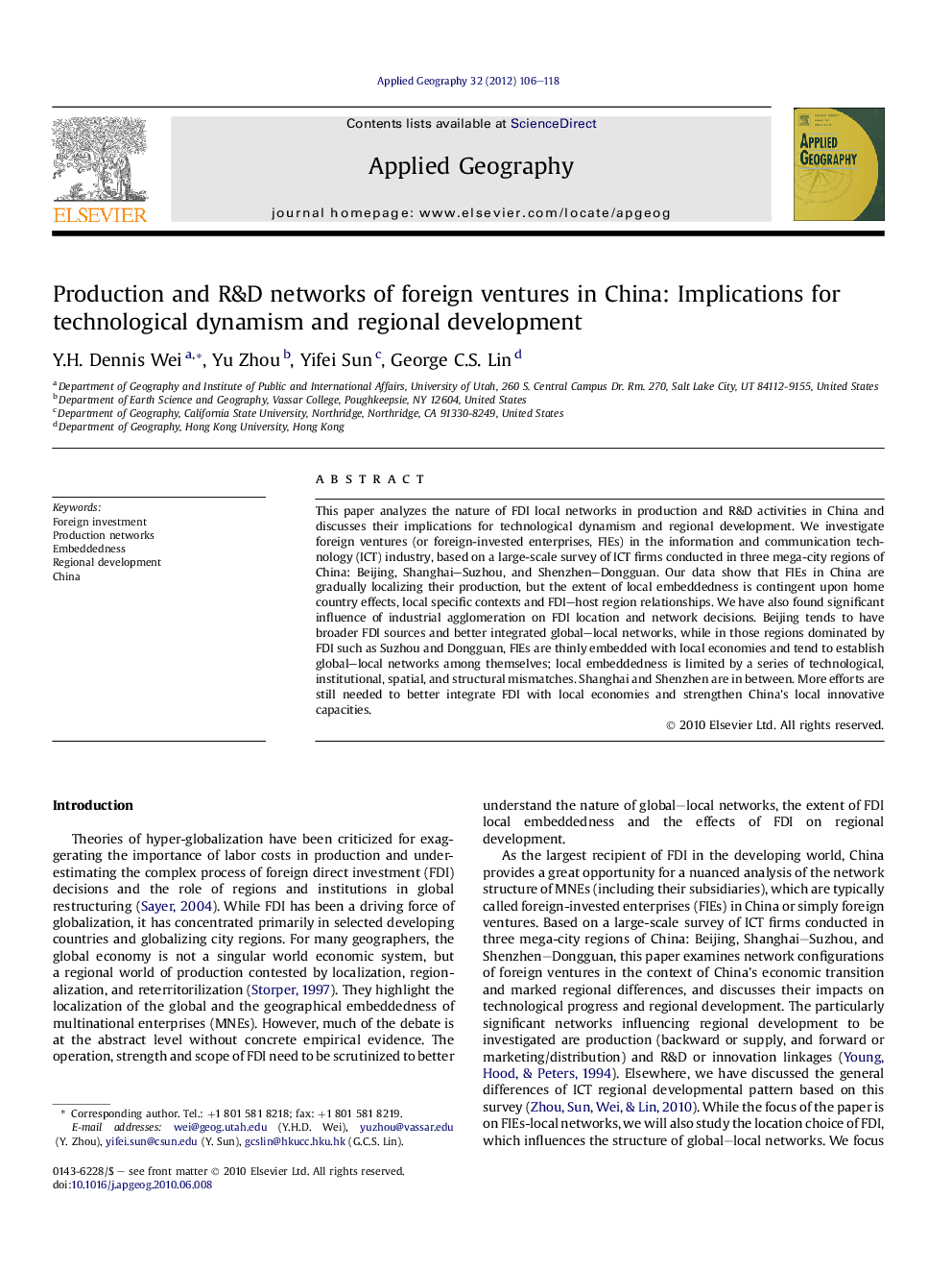 Production and R&D networks of foreign ventures in China: Implications for technological dynamism and regional development