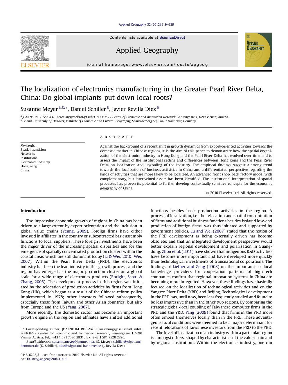 The localization of electronics manufacturing in the Greater Pearl River Delta, China: Do global implants put down local roots?