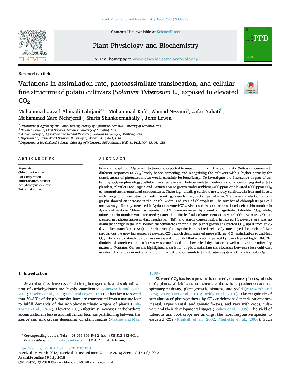 Variations in assimilation rate, photoassimilate translocation, and cellular fine structure of potato cultivars (Solanum Tuberosum L.) exposed to elevated CO2