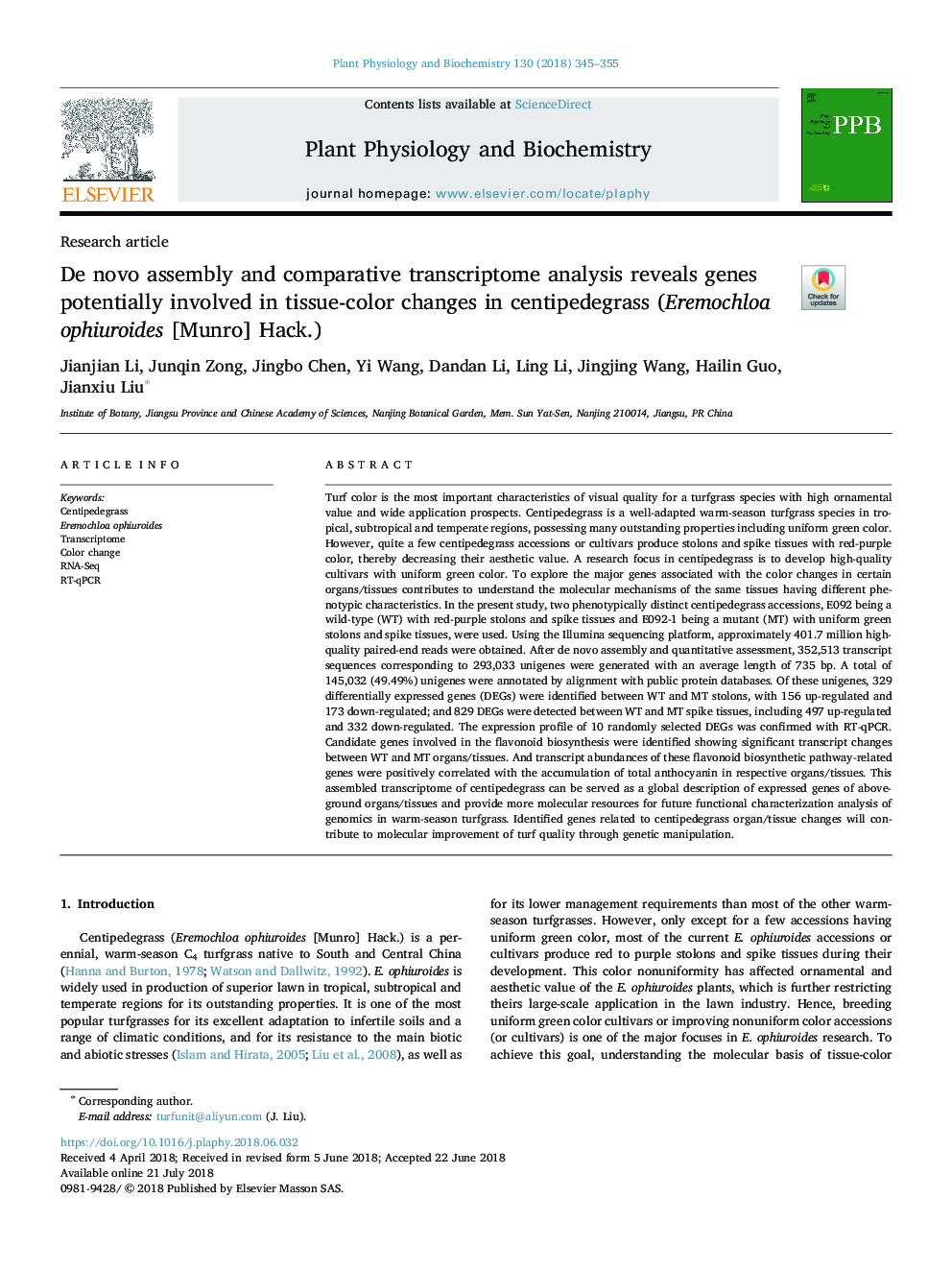 De novo assembly and comparative transcriptome analysis reveals genes potentially involved in tissue-color changes in centipedegrass (Eremochloa ophiuroides [Munro] Hack.)