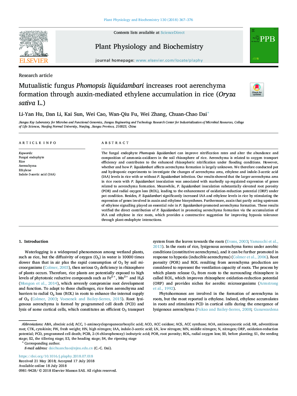 Mutualistic fungus Phomopsis liquidambari increases root aerenchyma formation through auxin-mediated ethylene accumulation in rice (Oryza sativa L.)