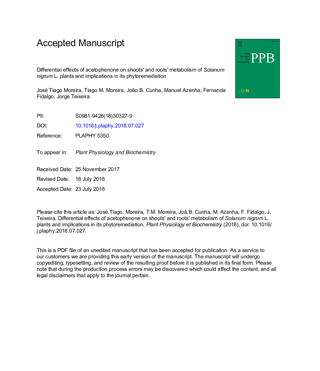 Differential effects of acetophenone on shoots' and roots' metabolism of Solanum nigrum L. plants and implications in its phytoremediation