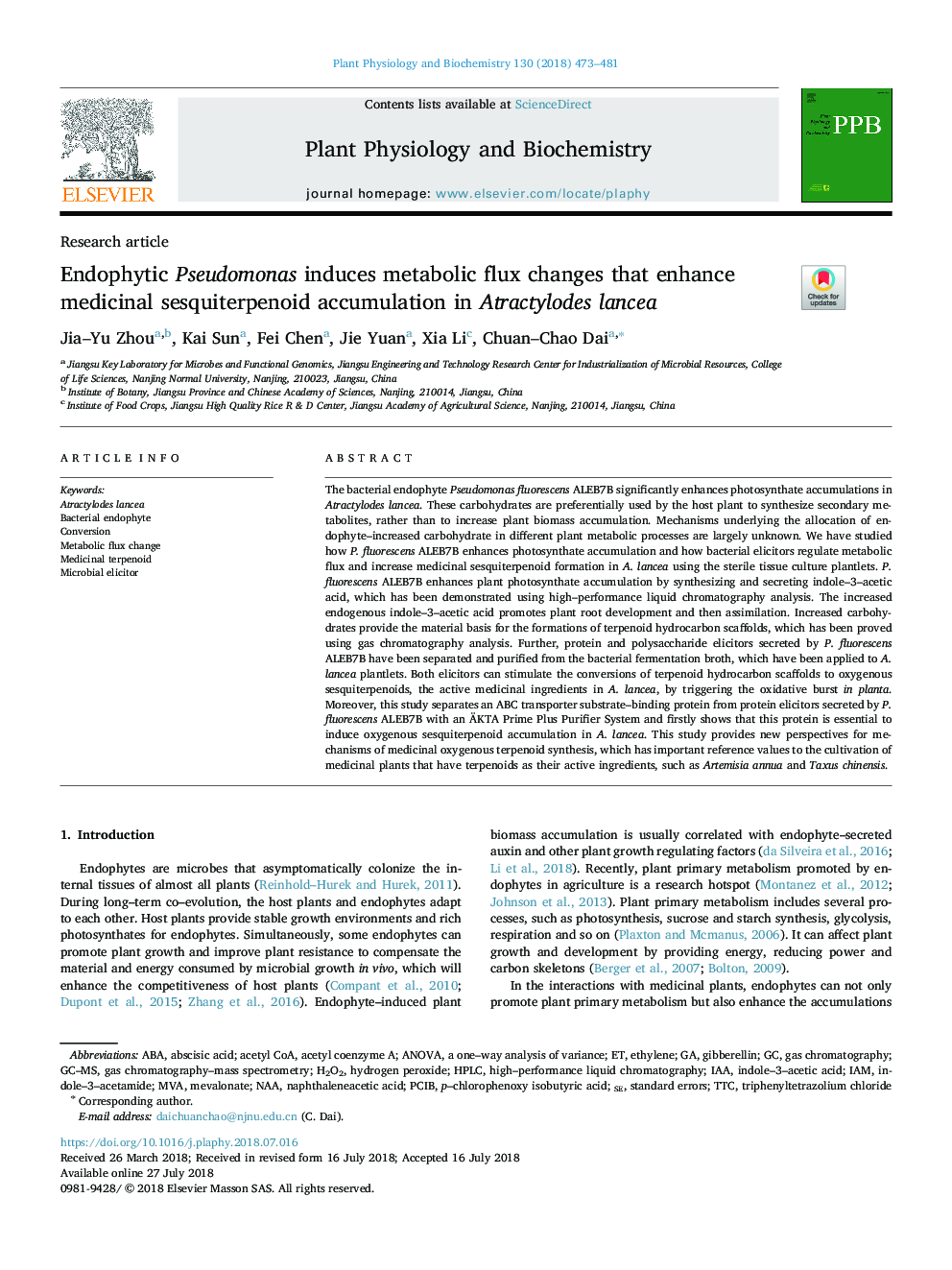 Endophytic Pseudomonas induces metabolic flux changes that enhance medicinal sesquiterpenoid accumulation in Atractylodes lancea