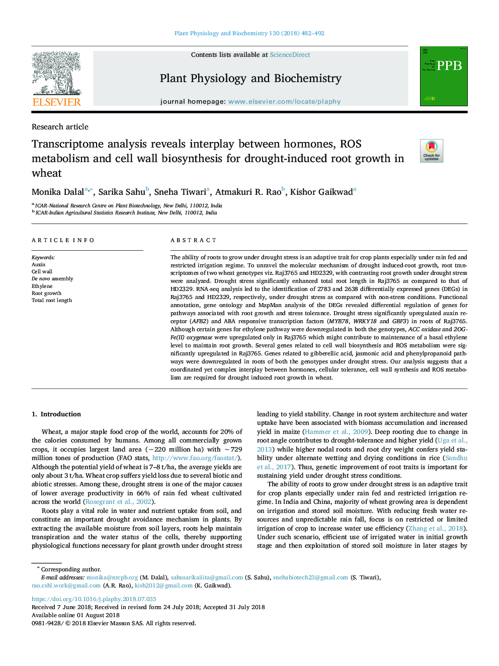 Transcriptome analysis reveals interplay between hormones, ROS metabolism and cell wall biosynthesis for drought-induced root growth in wheat