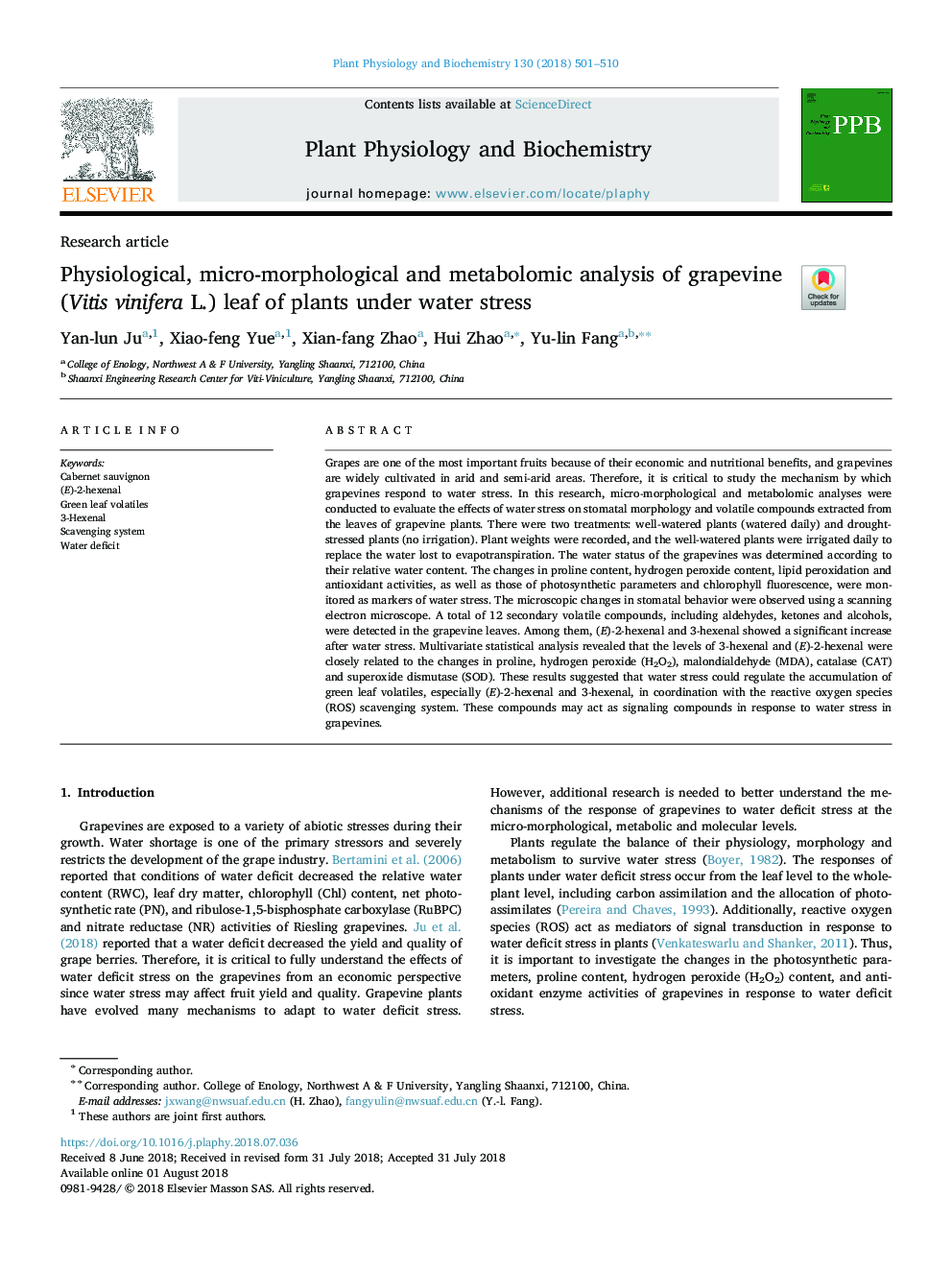 Physiological, micro-morphological and metabolomic analysis of grapevine (Vitis vinifera L.) leaf of plants under water stress