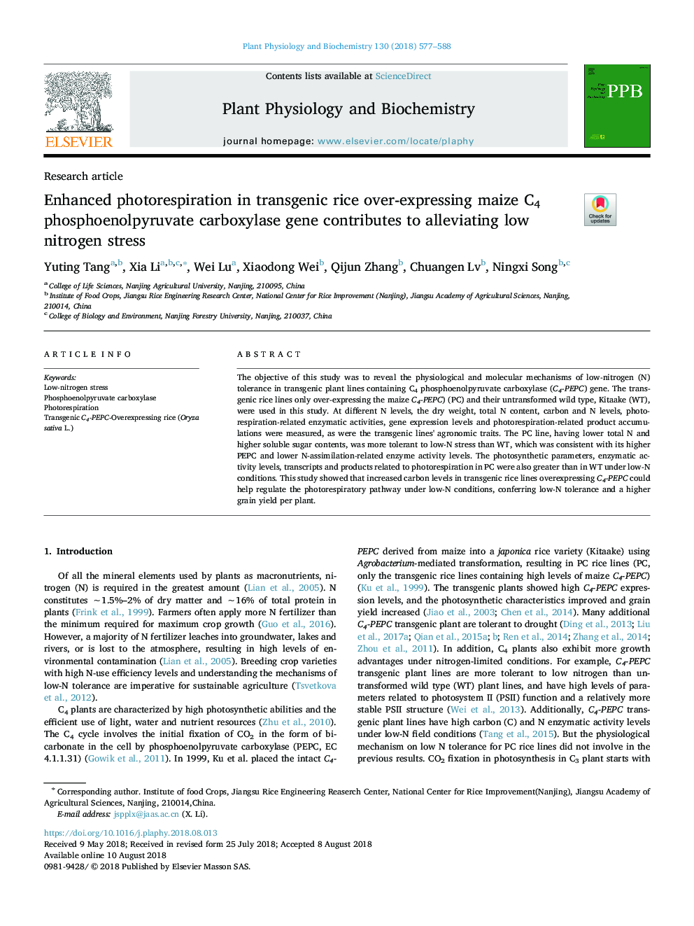 Enhanced photorespiration in transgenic rice over-expressing maize C4 phosphoenolpyruvate carboxylase gene contributes to alleviating low nitrogen stress