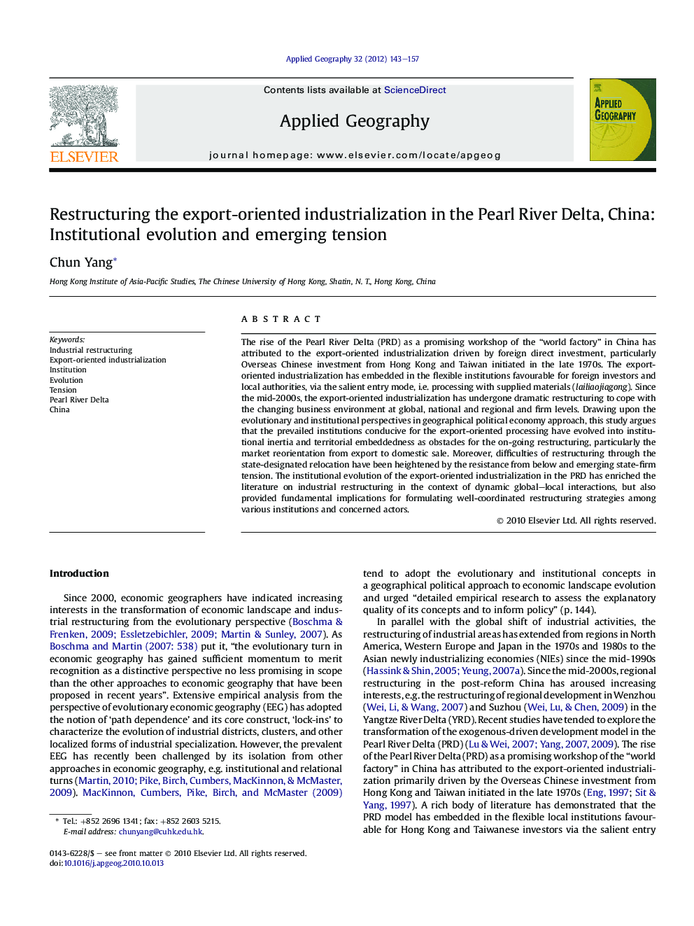 Restructuring the export-oriented industrialization in the Pearl River Delta, China: Institutional evolution and emerging tension
