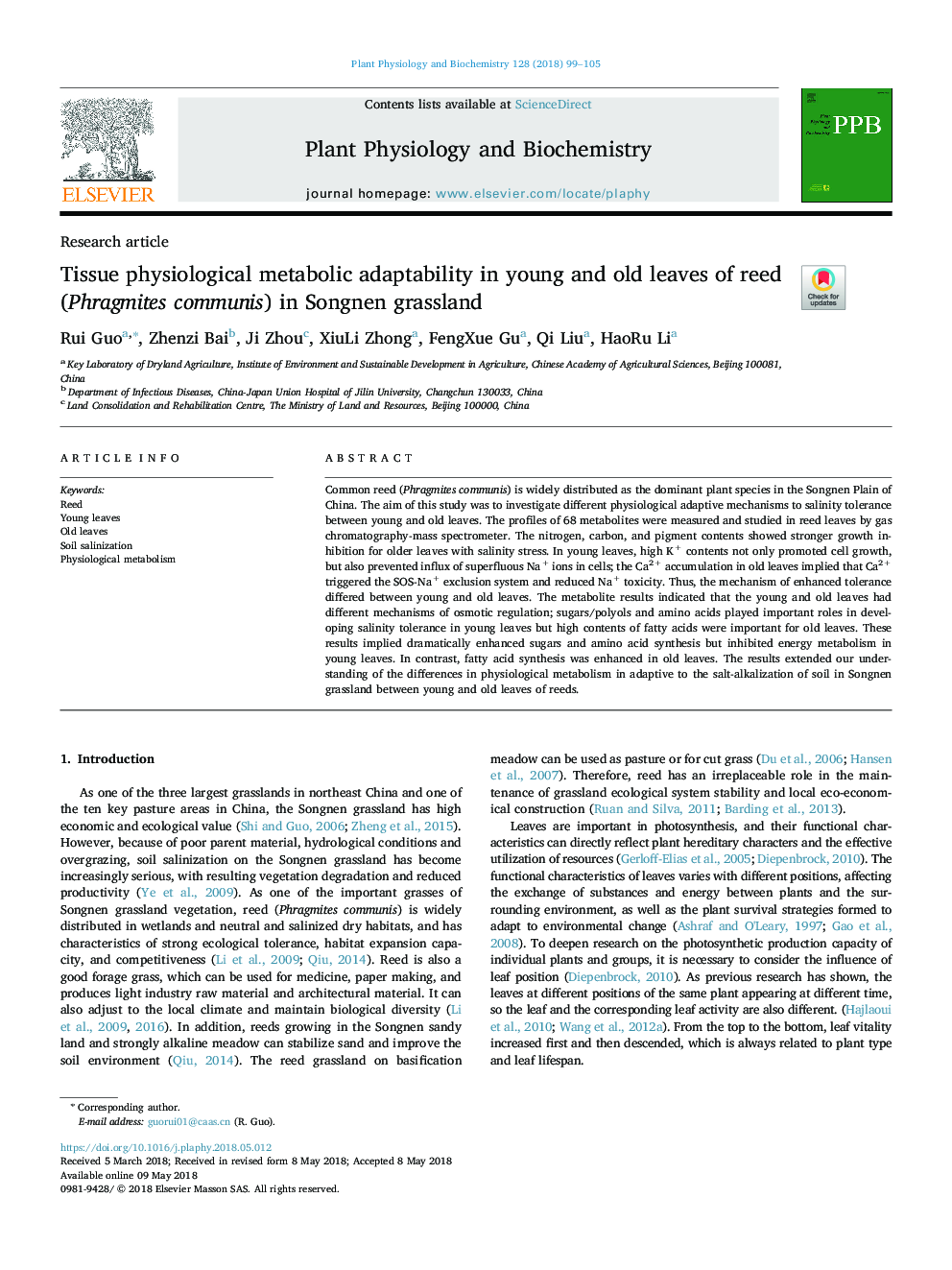 Tissue physiological metabolic adaptability in young and old leaves of reed (Phragmites communis) in Songnen grassland