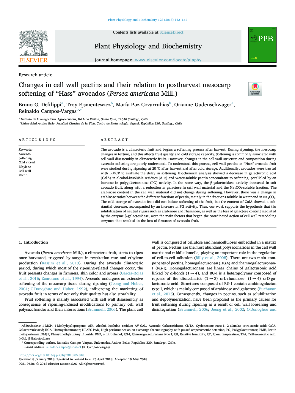 Changes in cell wall pectins and their relation to postharvest mesocarp softening of “Hass” avocados (Persea americana Mill.)