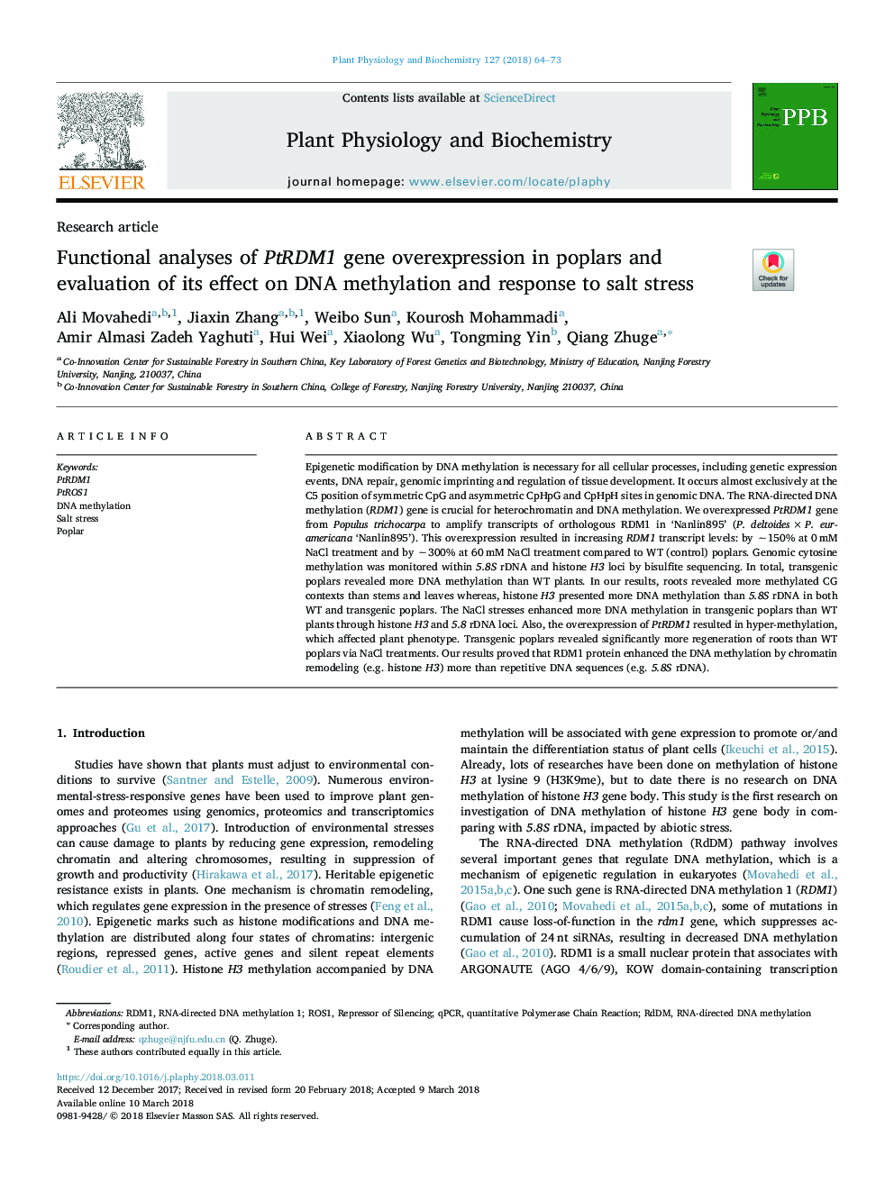 Functional analyses of PtRDM1 gene overexpression in poplars and evaluation of its effect on DNA methylation and response to salt stress