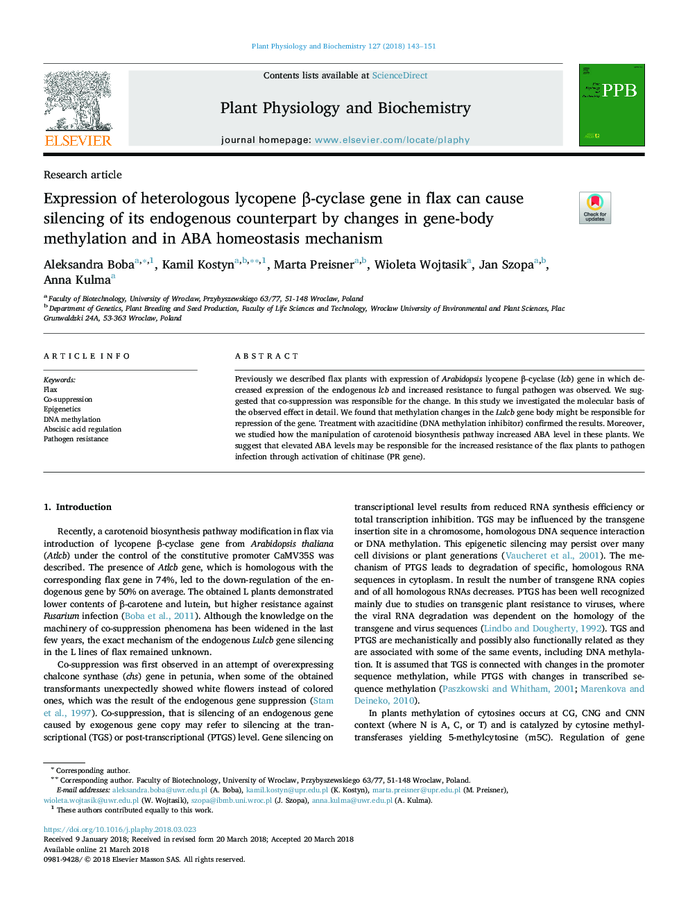 Expression of heterologous lycopene Î²-cyclase gene in flax can cause silencing of its endogenous counterpart by changes in gene-body methylation and in ABA homeostasis mechanism