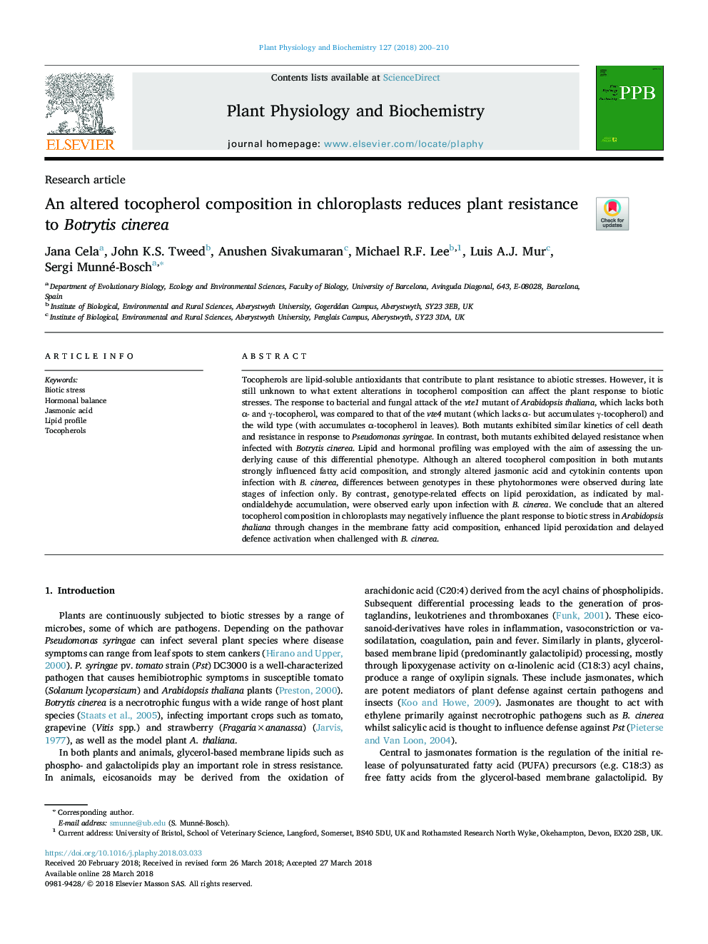 An altered tocopherol composition in chloroplasts reduces plant resistance to Botrytis cinerea