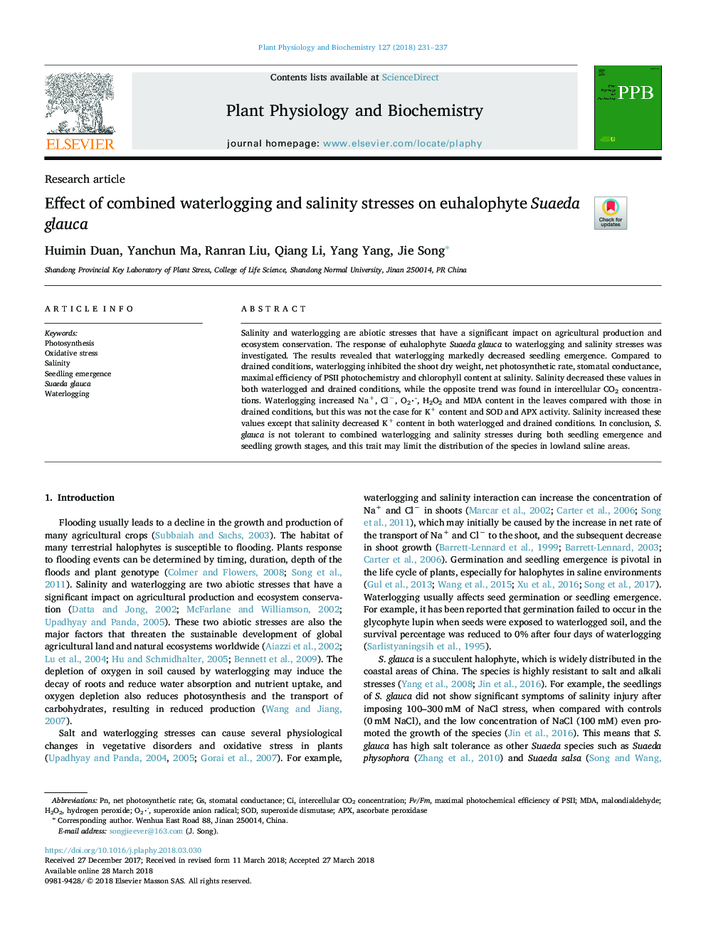 Effect of combined waterlogging and salinity stresses on euhalophyte Suaeda glauca