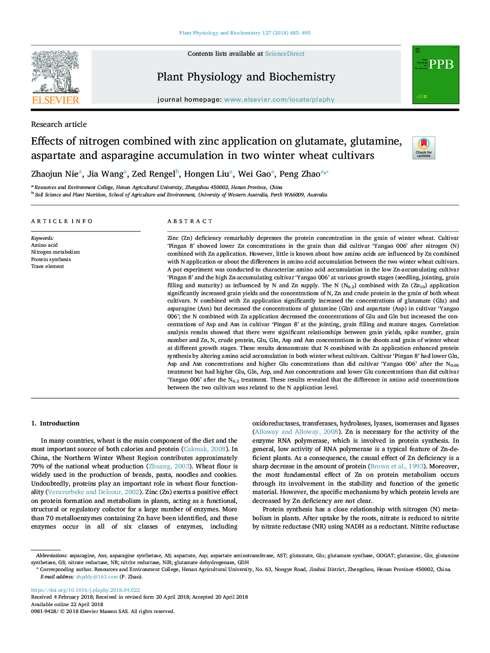 Effects of nitrogen combined with zinc application on glutamate, glutamine, aspartate and asparagine accumulation in two winter wheat cultivars