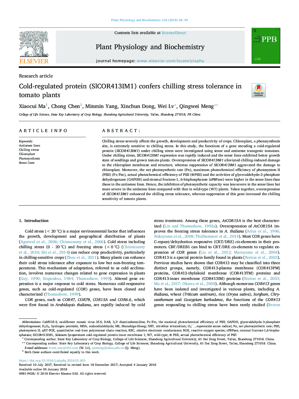 Cold-regulated protein (SlCOR413IM1) confers chilling stress tolerance in tomato plants