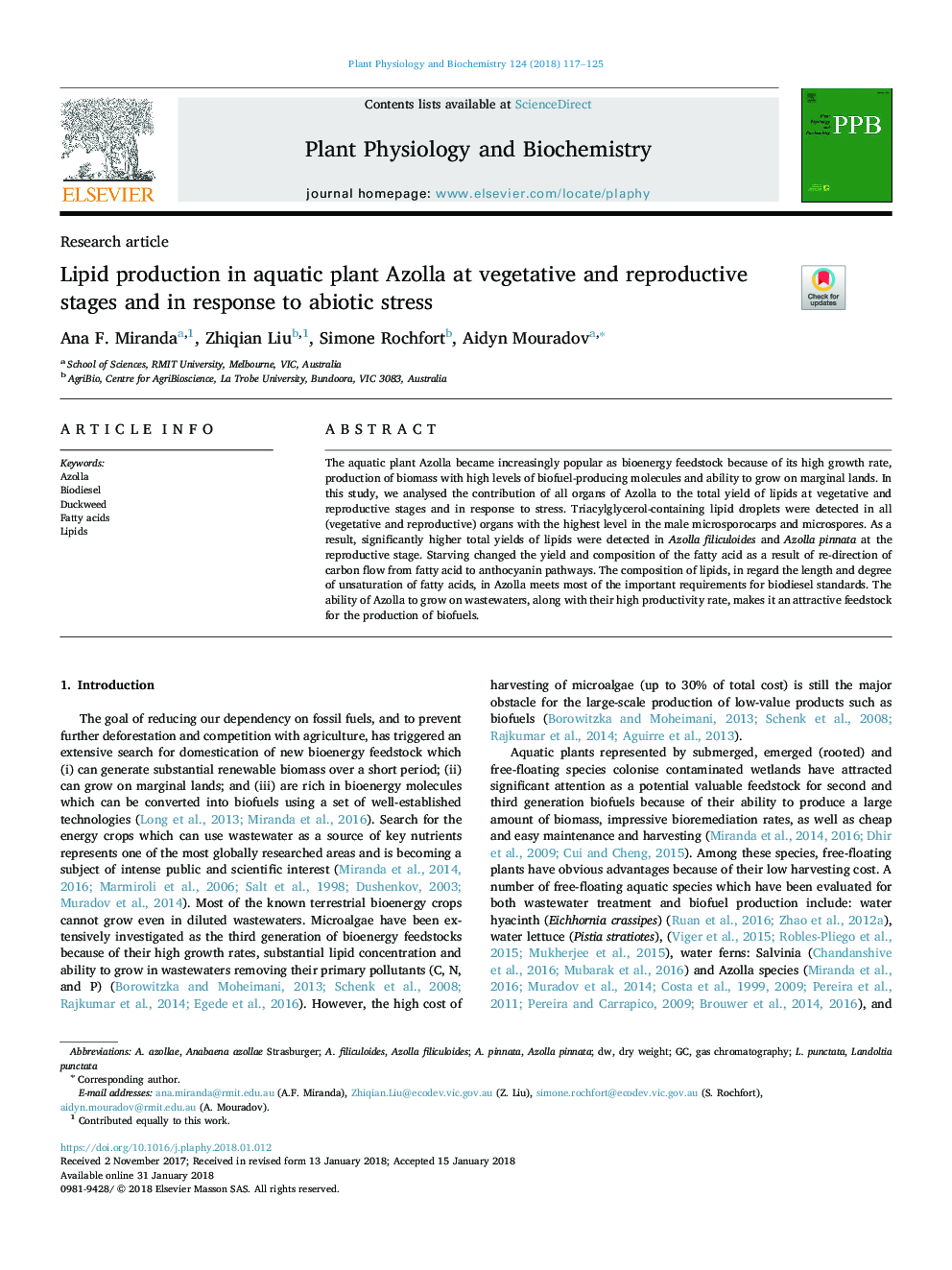 Lipid production in aquatic plant Azolla at vegetative and reproductive stages and in response to abiotic stress