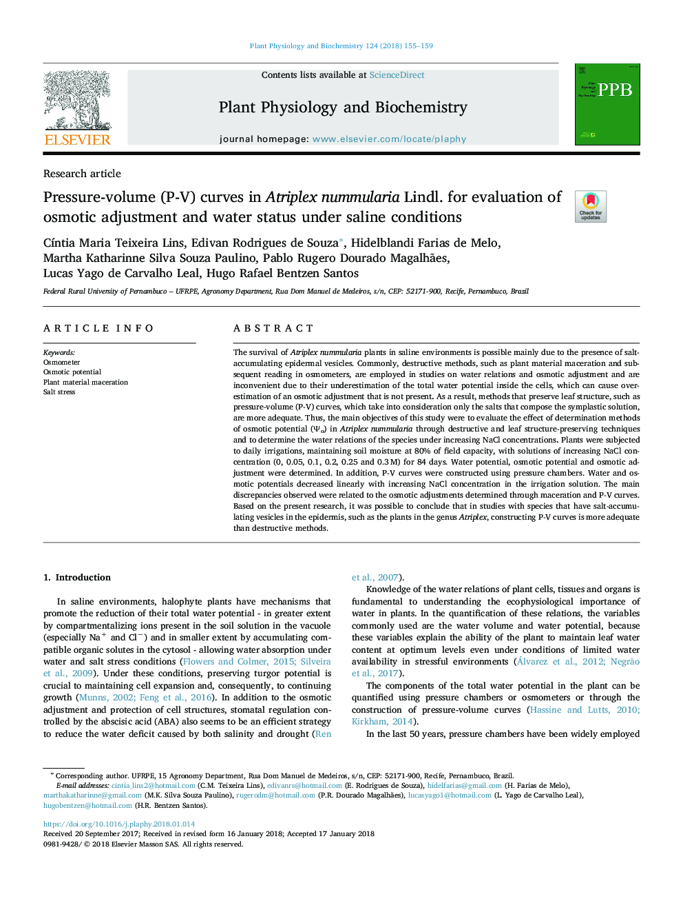 Pressure-volume (P-V) curves in Atriplex nummularia Lindl. for evaluation of osmotic adjustment and water status under saline conditions