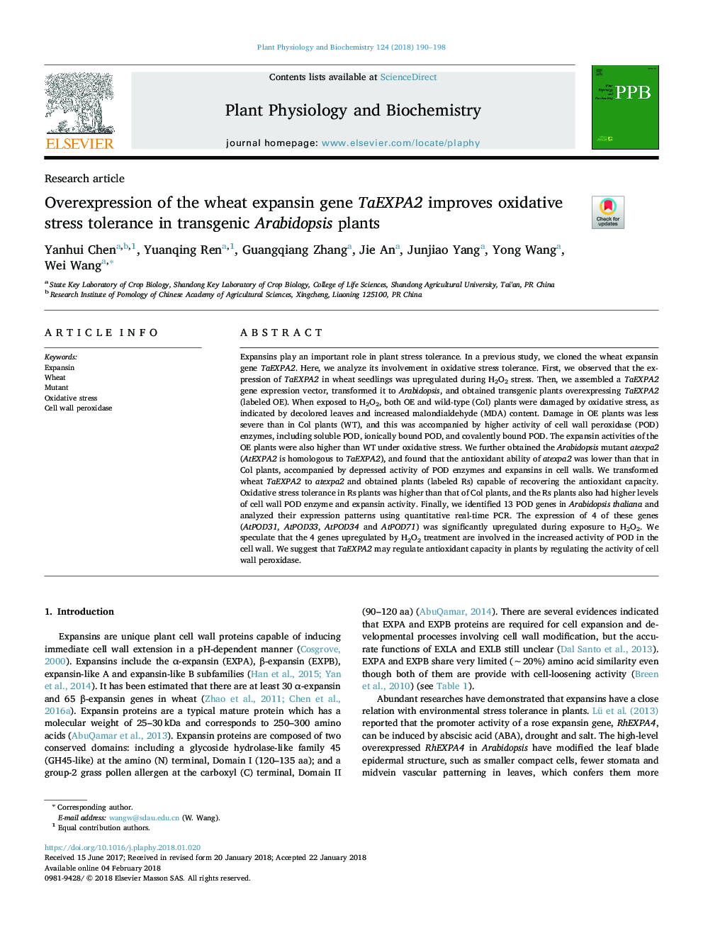 Overexpression of the wheat expansin gene TaEXPA2 improves oxidative stress tolerance in transgenic Arabidopsis plants