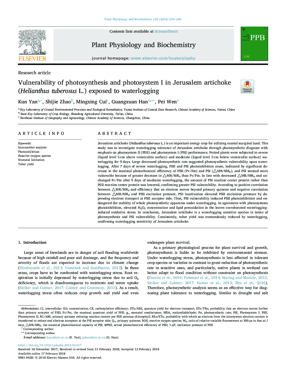 Vulnerability of photosynthesis and photosystem I in Jerusalem artichoke (Helianthus tuberosus L.) exposed to waterlogging