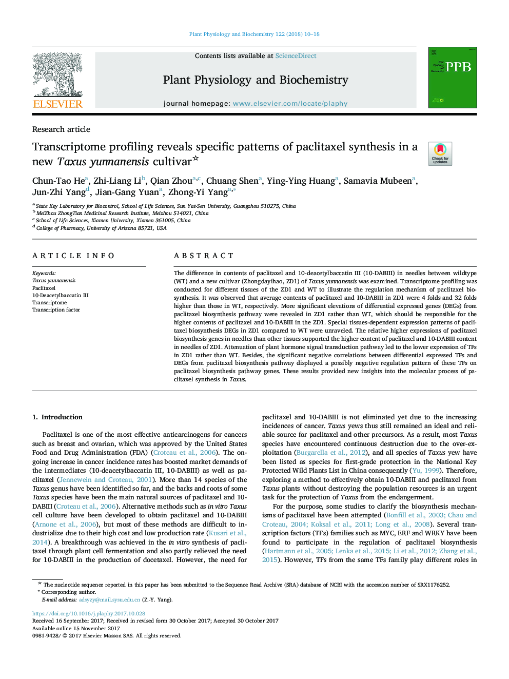 Transcriptome profiling reveals specific patterns of paclitaxel synthesis in a new Taxus yunnanensis cultivar