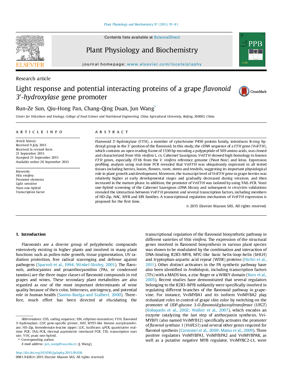 Light response and potential interacting proteins of a grape flavonoid 3â²-hydroxylase gene promoter