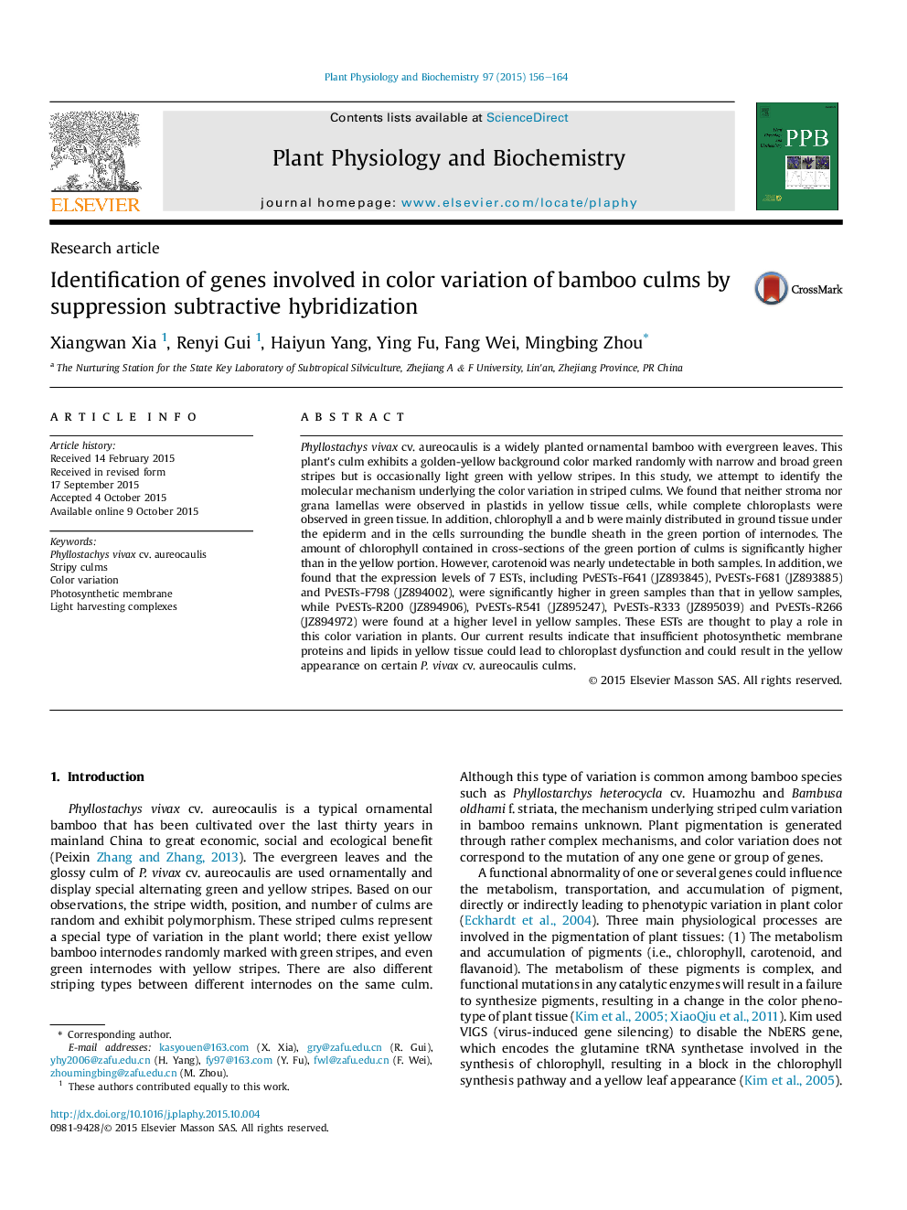 Identification of genes involved in color variation of bamboo culms by suppression subtractive hybridization