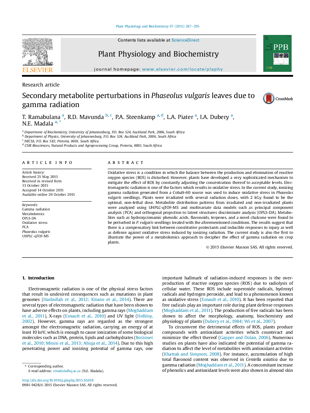 Secondary metabolite perturbations in Phaseolus vulgaris leaves due to gamma radiation