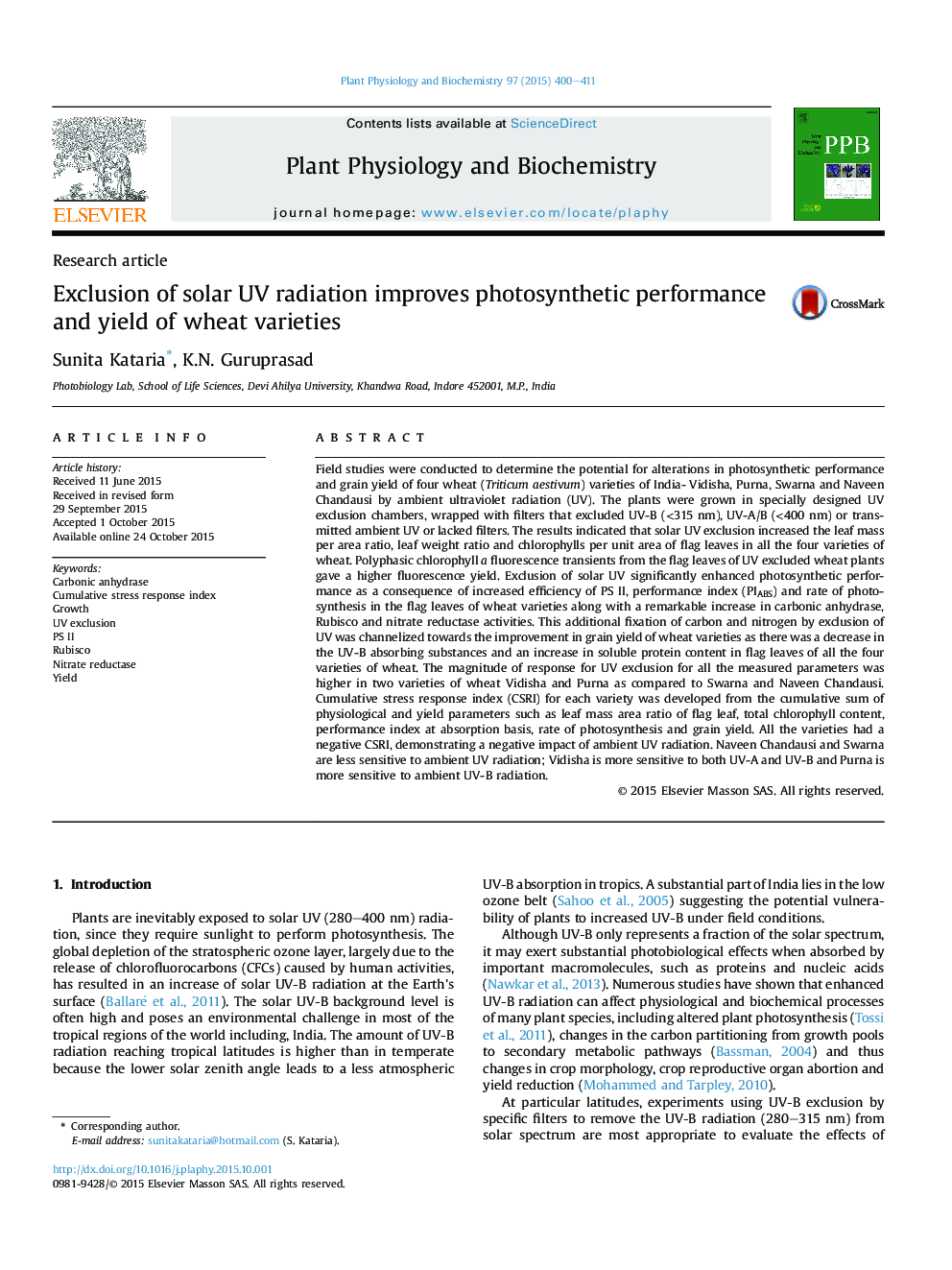 Exclusion of solar UV radiation improves photosynthetic performance and yield of wheat varieties