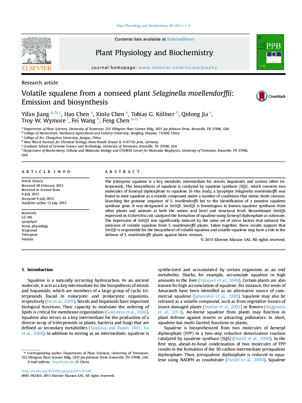 Volatile squalene from a nonseed plant Selaginella moellendorffii: Emission and biosynthesis